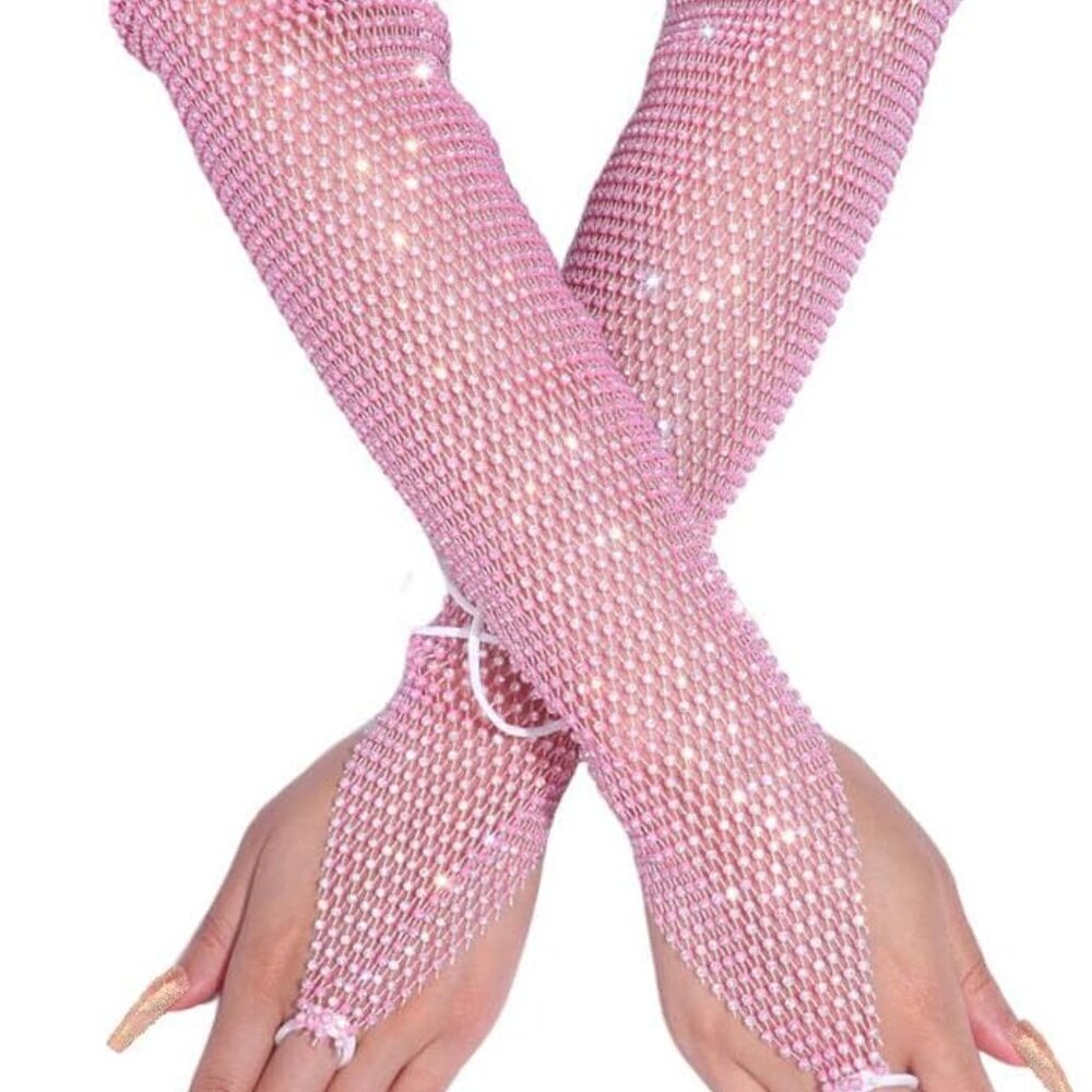 Rhinestone Fishnet Gloves Mesh Fingerless Bling Party Rave Costume for Women Gir